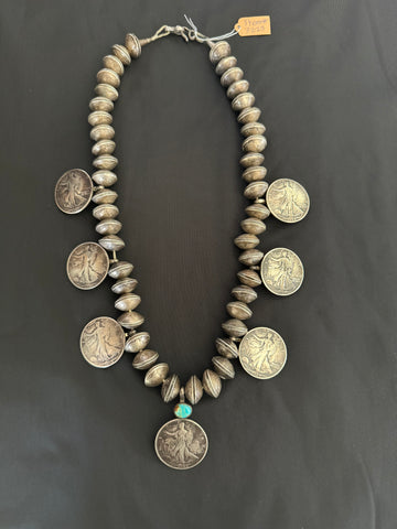 Vintage Half Dollar and Dime Beaded Necklace with Small Turquoise at the Center