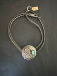 Vintage Hopi Bolo Tie with Small Turquoise on Dark Brown Leather Neck Tie