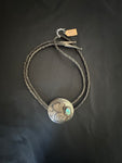 Vintage Hopi Bolo Tie with Small Turquoise on Dark Brown Leather Neck Tie