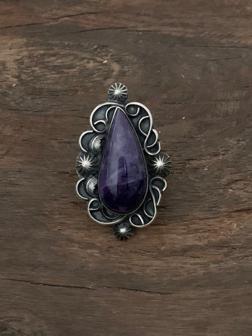 Huge Charoite Stone on Sterling Silver Ring