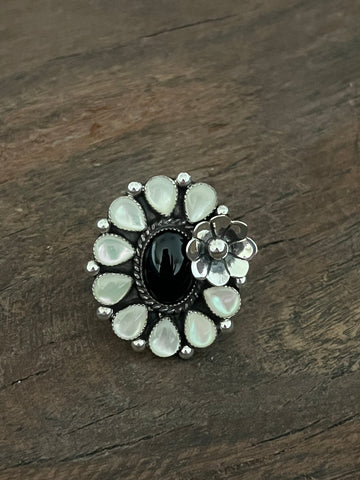 Daisy Opal and Onyx Sterling Silver Ring