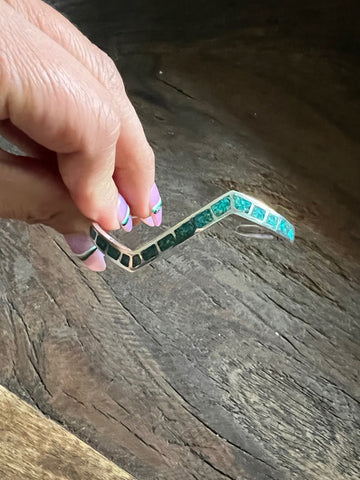 Vintage Zig Zag Turquoise Inlay Sterling Silver Stacker Bracelet