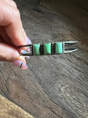 Vintage 3 Rectangular Stone Turquoise on Two Wire Sterling Silver Bracelet