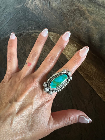 Oblong Turquoise Decorative Ring on Sterling Silver