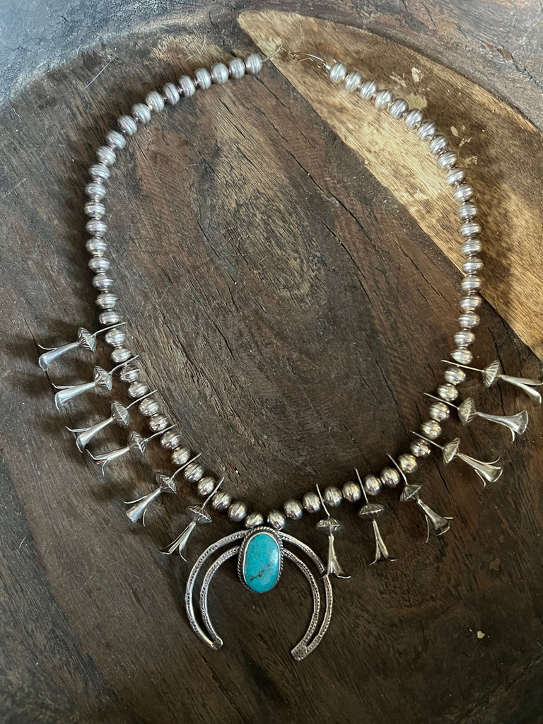 Stunning Vintage Squash Blossom 20' Necklace With Sterling Silver &  Turquoise Signed PJ 176.3g [CA]