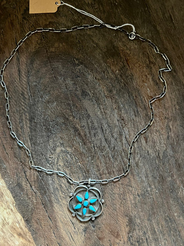 Vintage Turquoise Flower Zuni Pendant on Sterling Silver Chain