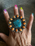 Huge Orange Spiny and Turquoise Cluster Ring