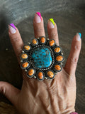 Huge Orange Spiny and Turquoise Cluster Ring