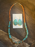 Turquoise and Orange Coral Necklace and Kingman Turquoise Earrings