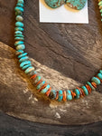 Turquoise and Orange Coral Necklace and Kingman Turquoise Earrings