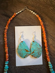 Turquoise and Orange Coral Necklace and Kingman Turquoise Earrings