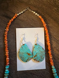 Turquoise and Orange Coral Necklace and Kingman Turquoise Earrings