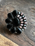 Onyx, White and Pink Opal Cluster Ring