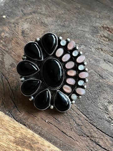 Onyx, White and Pink Opal Cluster Ring