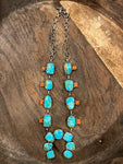 Contemporary Kingman Turquise and Coral Squash Blossom Necklace