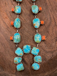 Contemporary Kingman Turquise and Coral Squash Blossom Necklace