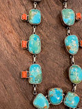 Contemporary Kingman Turquise and Coral Squash Blossom Necklace