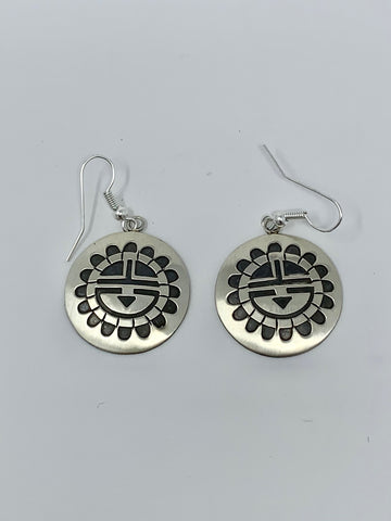 Unique Sunface Hopi Overlay Sterling Silver Earrings